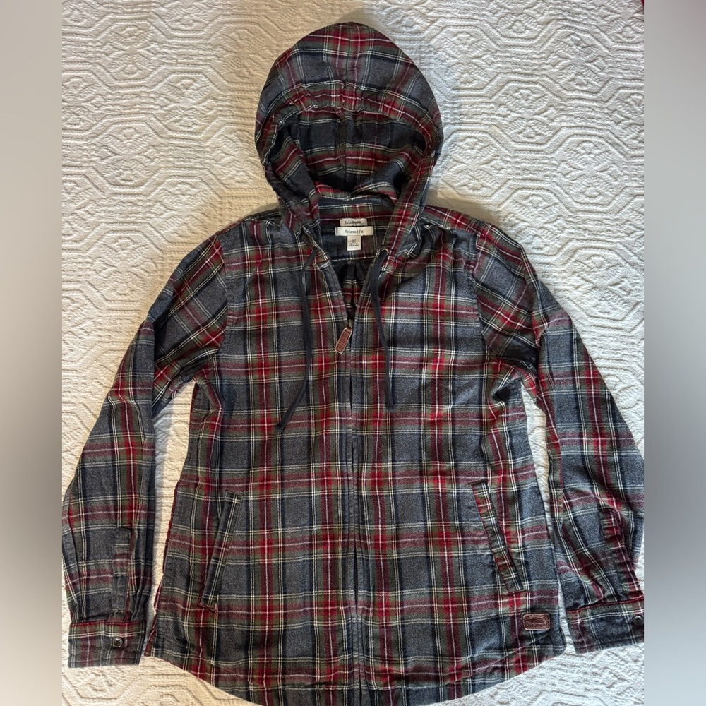 Women’s L.L. Bean Scotch Plaid Flannel Shirt, Relaxed Zip Hoodie XS Gray